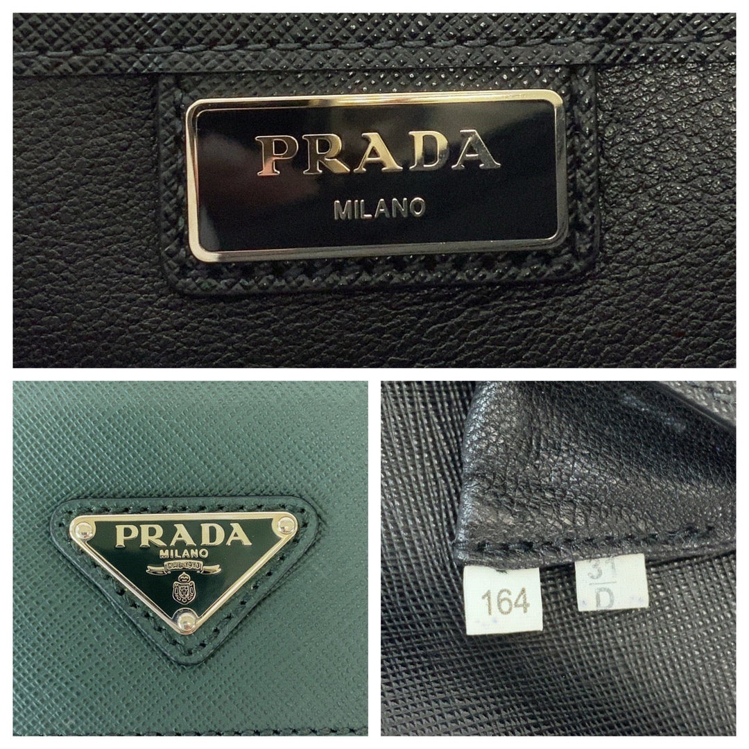 PRADA Clutch bag VR089M leather Bicolor Green Black SilverMetal Clutch bag Business bag Document case Safiano Triangle With logo mens Used Authentic