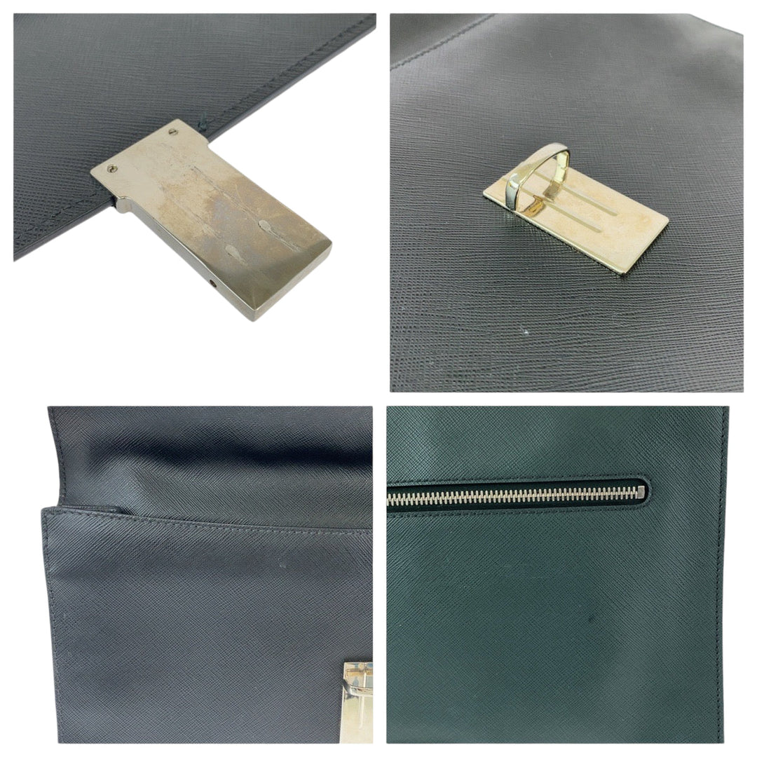 PRADA Clutch bag VR089M leather Bicolor Green Black SilverMetal Clutch bag Business bag Document case Safiano Triangle With logo mens Used Authentic
