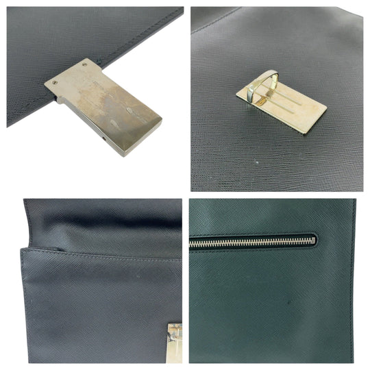 PRADA Clutch bag VR089M leather Bicolor Green Black SilverMetal Clutch bag Business bag Document case Safiano Triangle With logo mens Used Authentic