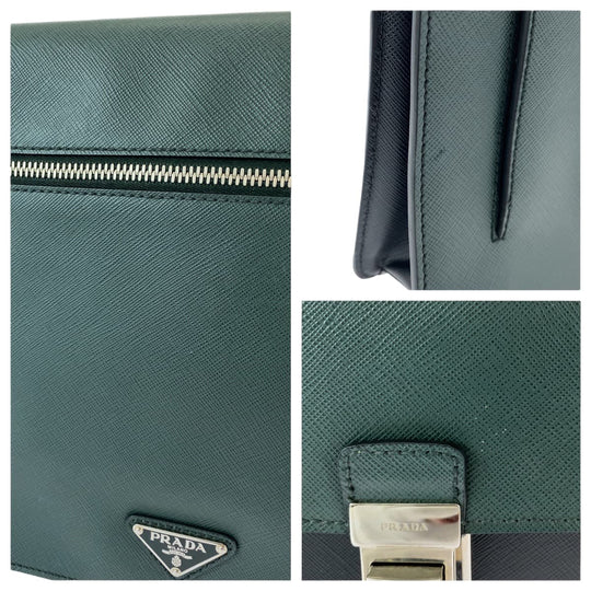 PRADA Clutch bag VR089M leather Bicolor Green Black SilverMetal Clutch bag Business bag Document case Safiano Triangle With logo mens Used Authentic
