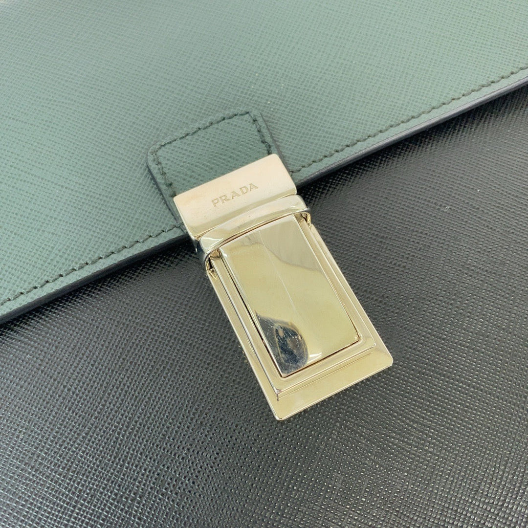 PRADA Clutch bag VR089M leather Bicolor Green Black SilverMetal Clutch bag Business bag Document case Safiano Triangle With logo mens Used Authentic