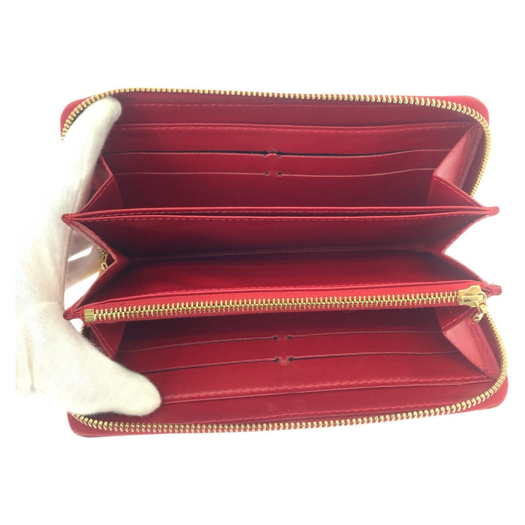 LOUIS VUITTON Long Wallet Purse M91981 leather Red Gold Metal Long Wallet Purse Zip Around Vernis Zippy wallet Women Used Authentic