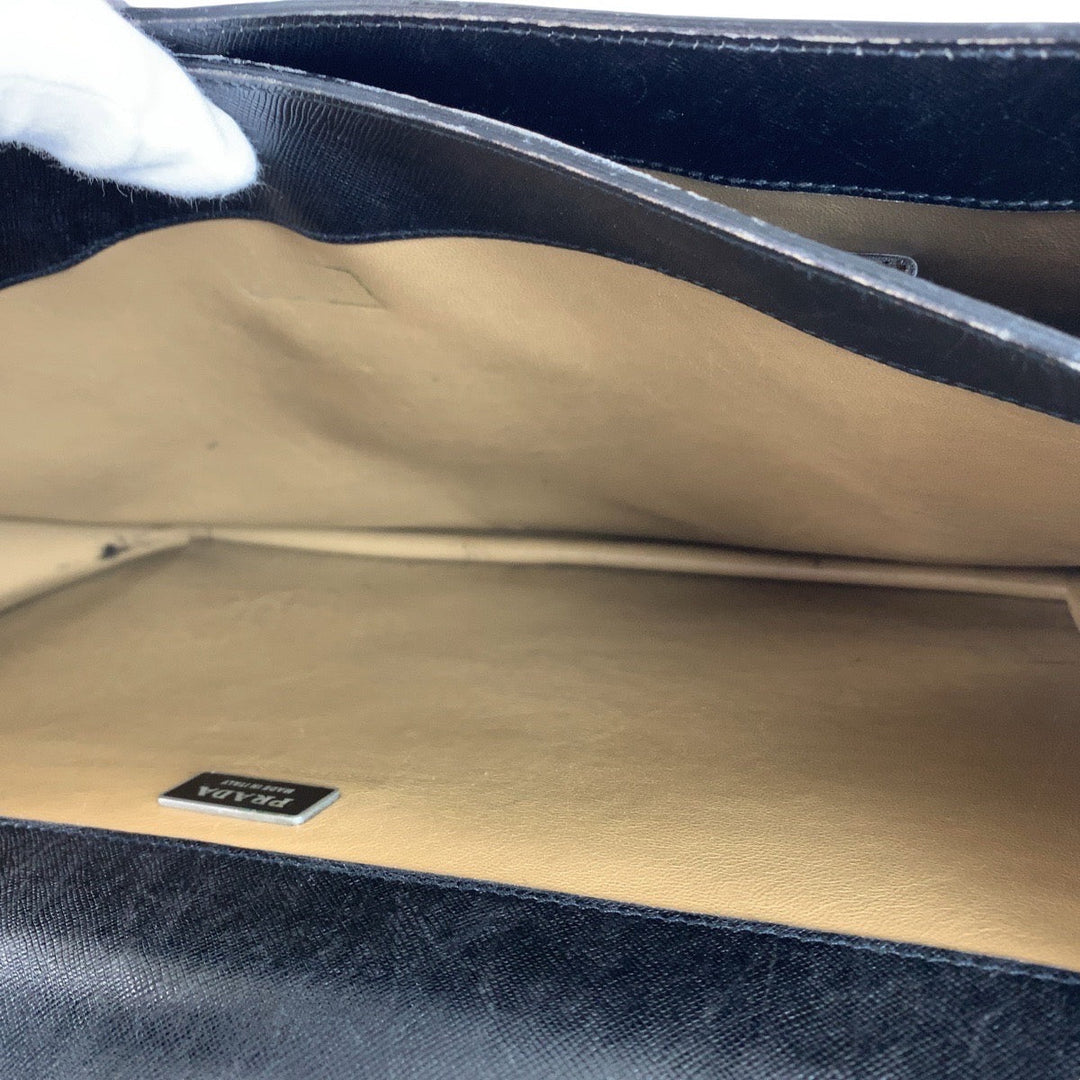PRADA Business bag leather Black SilverMetal Business bag briefcase Safiano mens Used Authentic