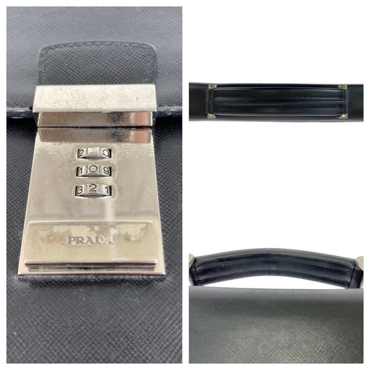 PRADA Business bag leather Black SilverMetal Business bag briefcase Safiano mens Used Authentic