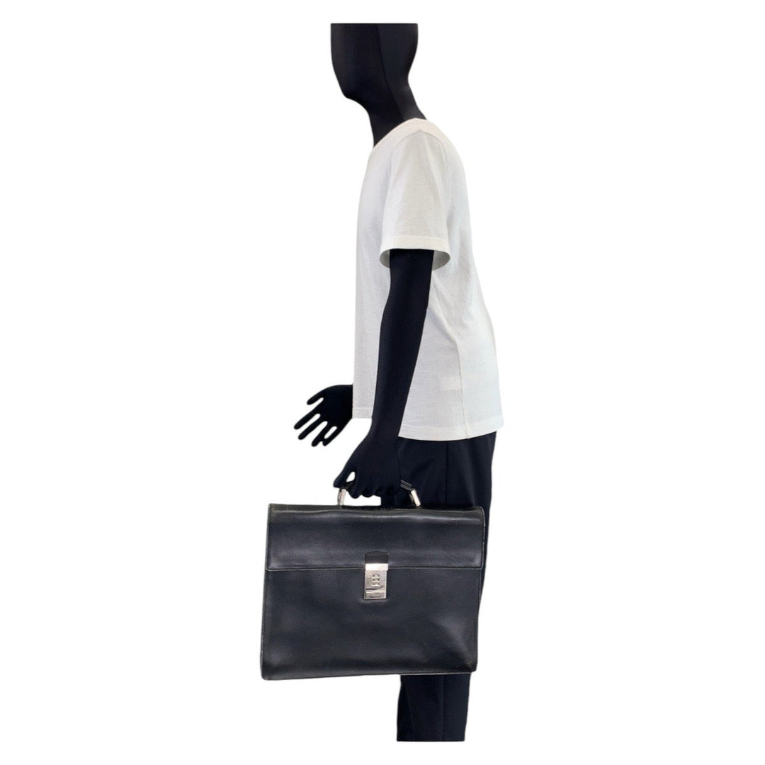 PRADA Business bag leather Black SilverMetal Business bag briefcase Safiano mens Used Authentic