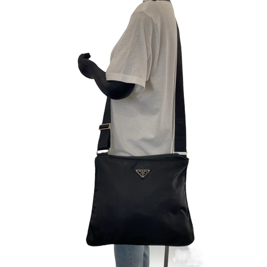 PRADA Shoulder Bag Nylon Black SilverMetal Shoulder Bag pochette Test Triangle With logo mens Used Authentic