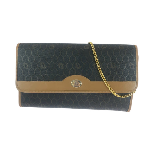 Dior Shoulder Bag PVC Brown Gold Metal ChainShoulder Bag Crossbody Pochette Honeycomb Pattern Women Used Authentic