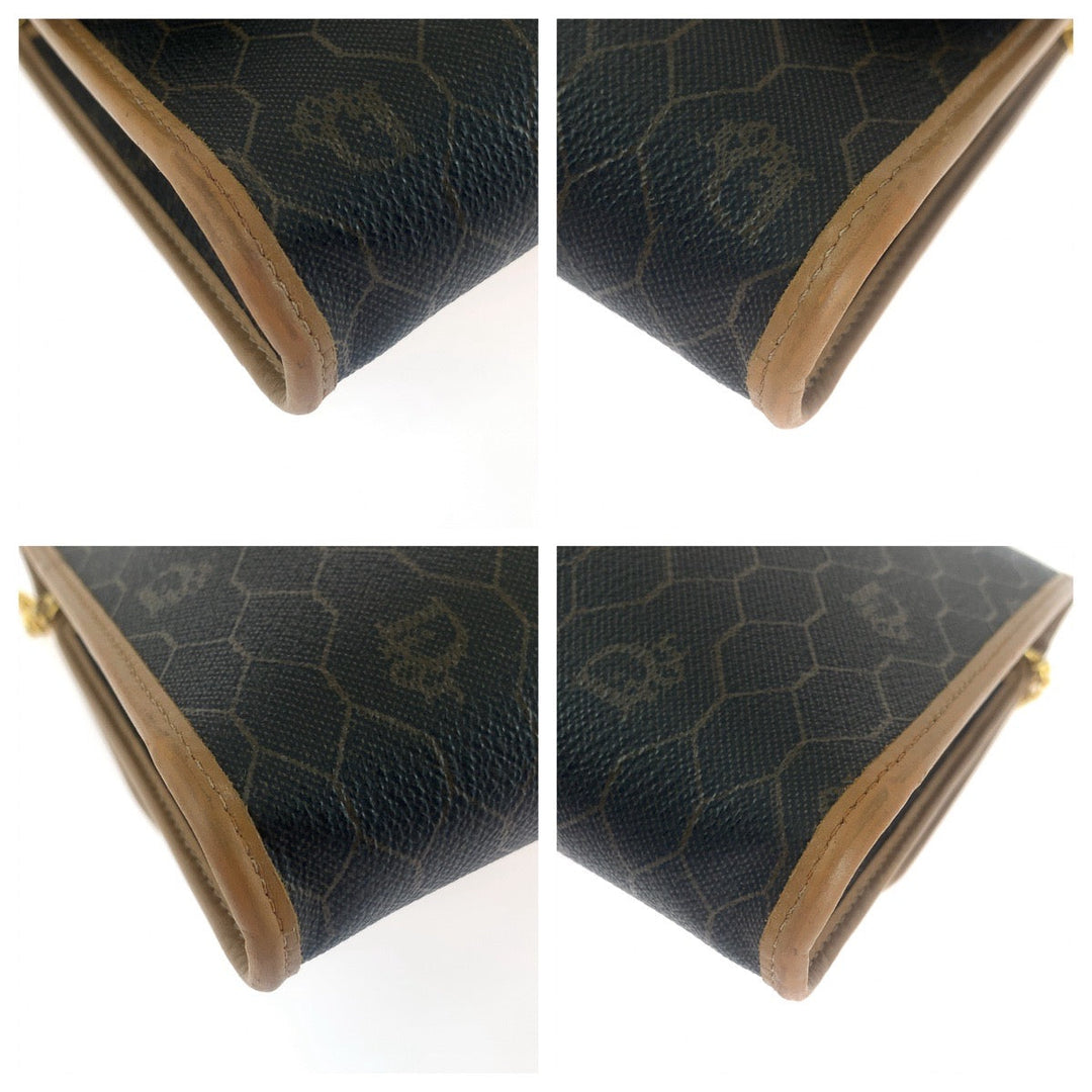 Dior Shoulder Bag PVC Brown Gold Metal ChainShoulder Bag Crossbody Pochette Honeycomb Pattern Women Used Authentic