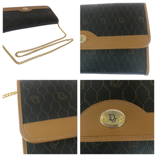 Dior Shoulder Bag PVC Brown Gold Metal ChainShoulder Bag Crossbody Pochette Honeycomb Pattern Women Used Authentic