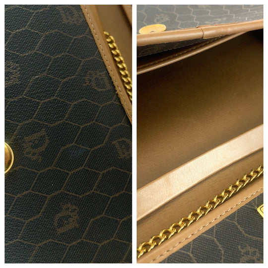 Dior Shoulder Bag PVC Brown Gold Metal ChainShoulder Bag Crossbody Pochette Honeycomb Pattern Women Used Authentic