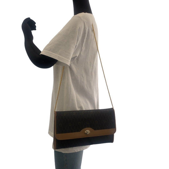 Dior Shoulder Bag PVC Brown Gold Metal ChainShoulder Bag Crossbody Pochette Honeycomb Pattern Women Used Authentic