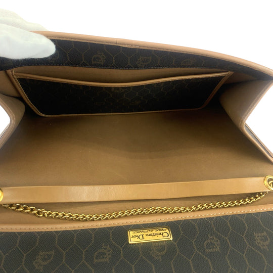Dior Shoulder Bag PVC Brown Gold Metal ChainShoulder Bag Crossbody Pochette Honeycomb Pattern Women Used Authentic