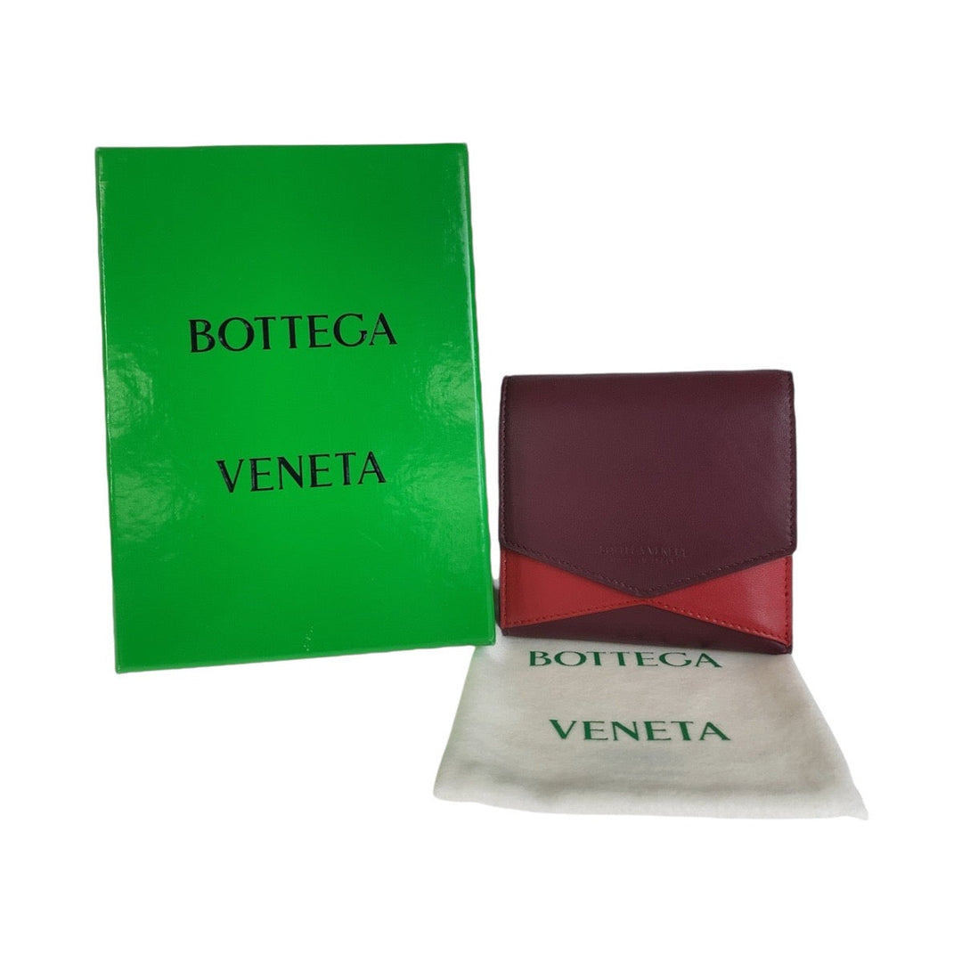 BOTTEGAVENETA Tri-fold wallet leather Wine Red Bordeaux Red Gold Metal Folding wallet Compact wallet Unisex By color Women Used Authentic