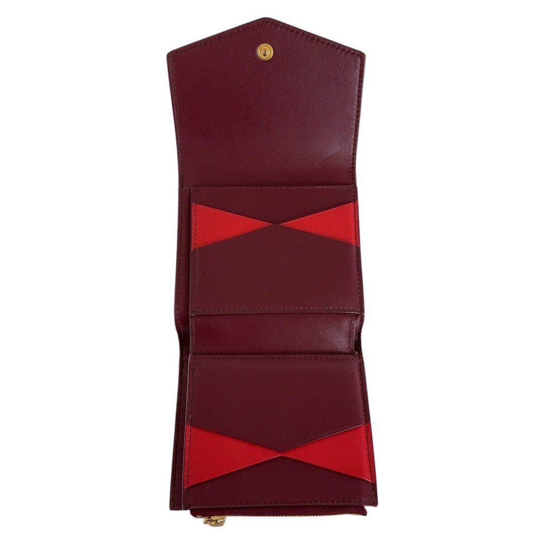 BOTTEGAVENETA Tri-fold wallet leather Wine Red Bordeaux Red Gold Metal Folding wallet Compact wallet Unisex By color Women Used Authentic