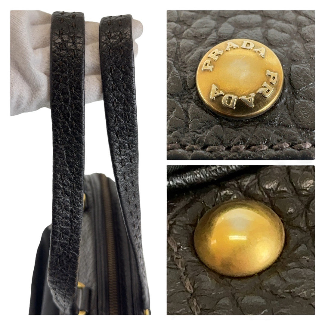 PRADA Shoulder Bag Leather, Nylon Brown Gold Metal Shoulder Bag Triangle With logo Women Used Authentic