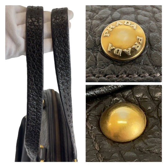 PRADA Shoulder Bag Leather, Nylon Brown Gold Metal Shoulder Bag Triangle With logo Women Used Authentic