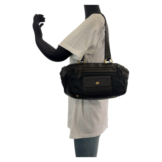 PRADA Shoulder Bag Leather, Nylon Brown Gold Metal Shoulder Bag Triangle With logo Women Used Authentic