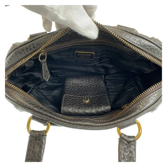 PRADA Shoulder Bag Leather, Nylon Brown Gold Metal Shoulder Bag Triangle With logo Women Used Authentic