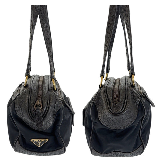 PRADA Shoulder Bag Leather, Nylon Brown Gold Metal Shoulder Bag Triangle With logo Women Used Authentic