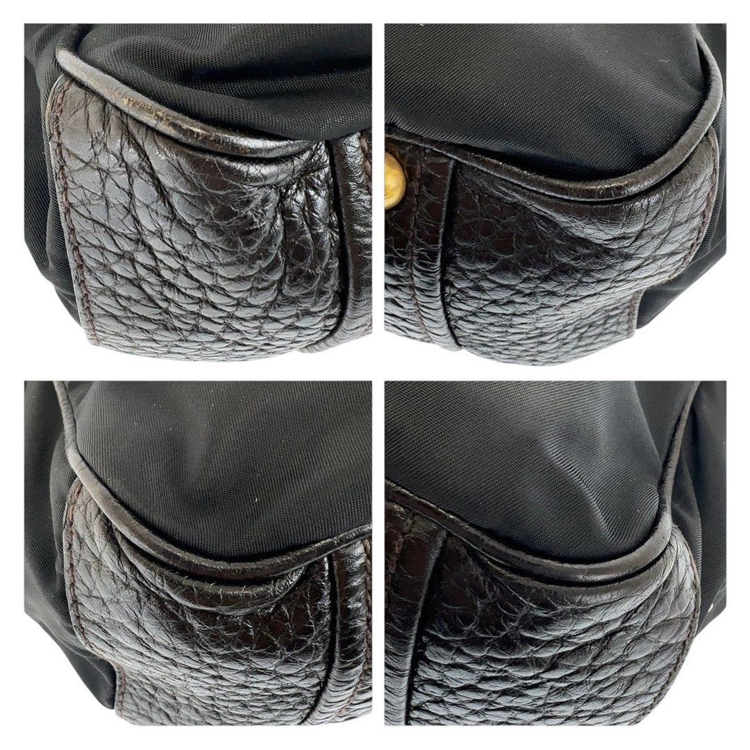 PRADA Shoulder Bag Leather, Nylon Brown Gold Metal Shoulder Bag Triangle With logo Women Used Authentic