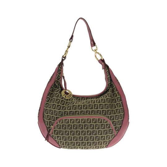 FENDI Shoulder Bag canvas Brown Pink Gold Metal Shoulder Bag Zucchino Chef Hobo Women Used Authentic