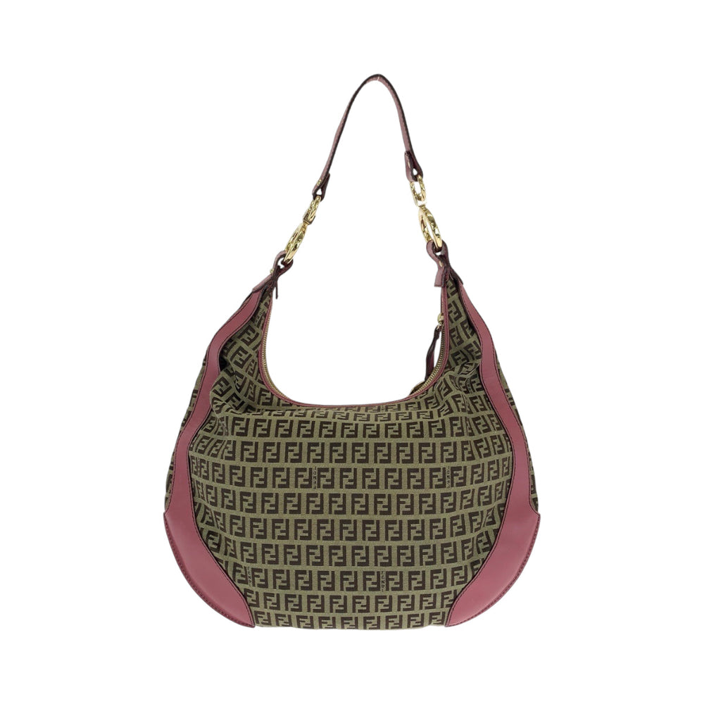 FENDI Shoulder Bag canvas Brown Pink Gold Metal Shoulder Bag Zucchino Chef Hobo Women Used Authentic