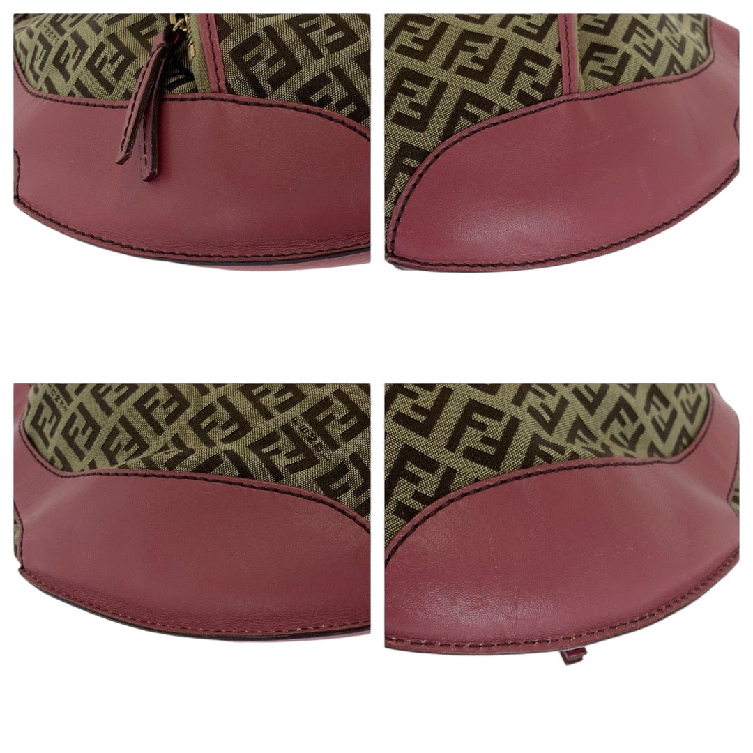 FENDI Shoulder Bag canvas Brown Pink Gold Metal Shoulder Bag Zucchino Chef Hobo Women Used Authentic