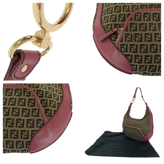 FENDI Shoulder Bag canvas Brown Pink Gold Metal Shoulder Bag Zucchino Chef Hobo Women Used Authentic