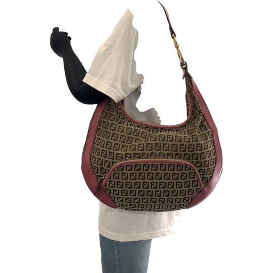 FENDI Shoulder Bag canvas Brown Pink Gold Metal Shoulder Bag Zucchino Chef Hobo Women Used Authentic
