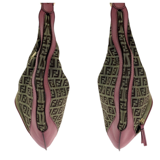FENDI Shoulder Bag canvas Brown Pink Gold Metal Shoulder Bag Zucchino Chef Hobo Women Used Authentic