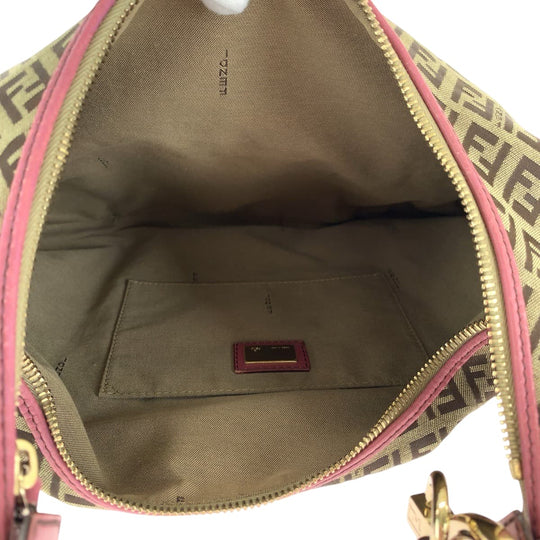 FENDI Shoulder Bag canvas Brown Pink Gold Metal Shoulder Bag Zucchino Chef Hobo Women Used Authentic