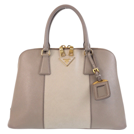 PRADA Tote Bag leather Grey GoldMetal Tote Bag Shoulder Bag Safiano Triangle With logo Women Used Authentic