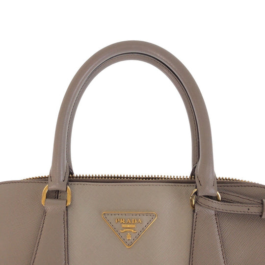 PRADA Tote Bag leather Grey GoldMetal Tote Bag Shoulder Bag Safiano Triangle With logo Women Used Authentic