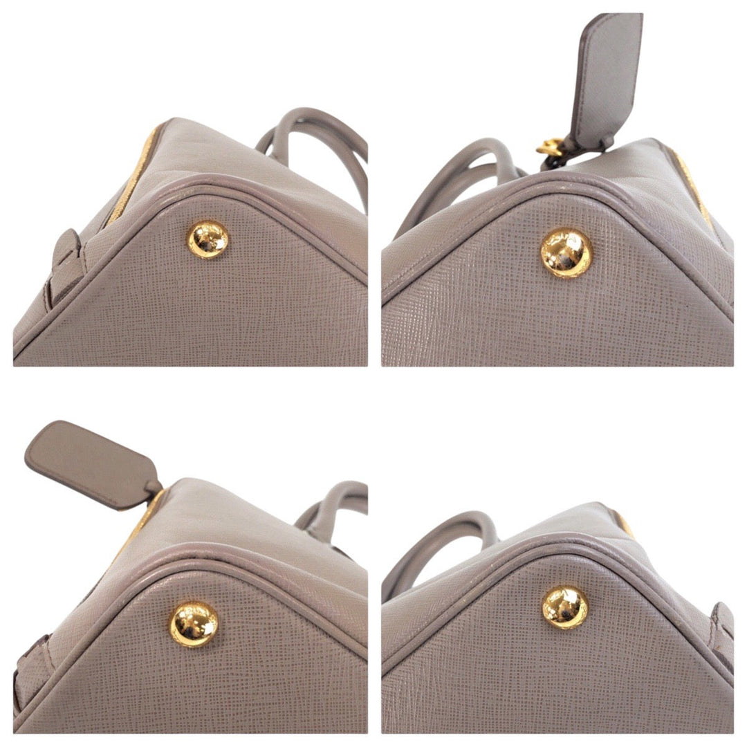 PRADA Tote Bag leather Grey GoldMetal Tote Bag Shoulder Bag Safiano Triangle With logo Women Used Authentic
