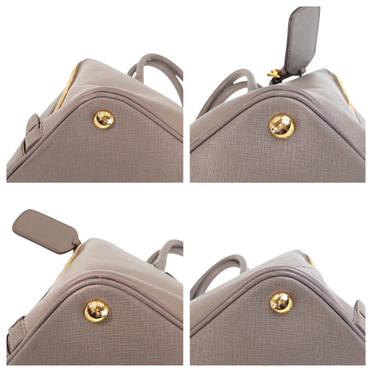 PRADA Tote Bag leather Grey GoldMetal Tote Bag Shoulder Bag Safiano Triangle With logo Women Used Authentic