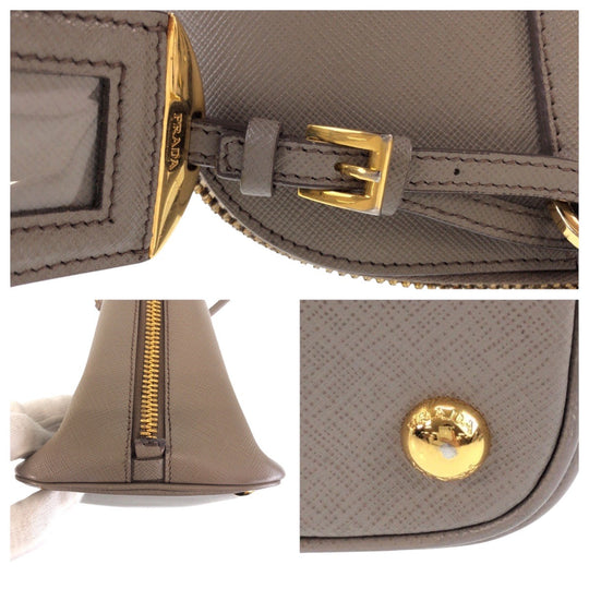 PRADA Tote Bag leather Grey GoldMetal Tote Bag Shoulder Bag Safiano Triangle With logo Women Used Authentic