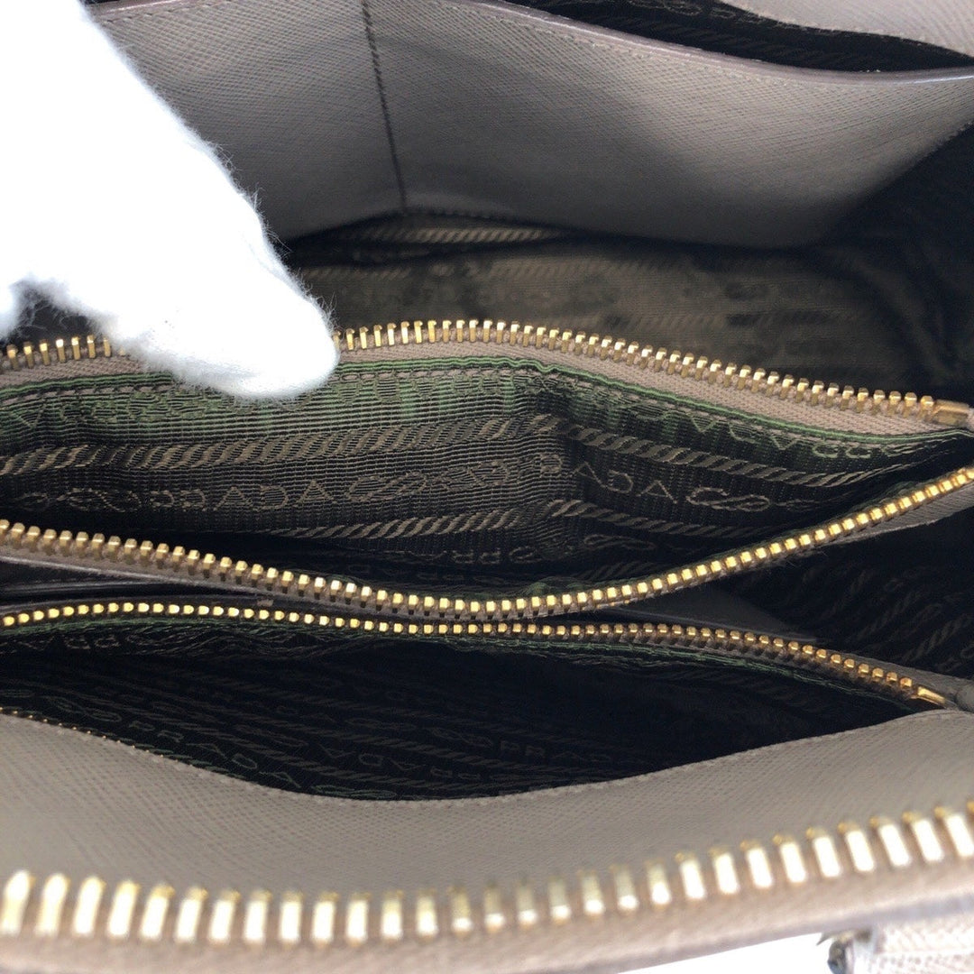 PRADA Tote Bag leather Grey GoldMetal Tote Bag Shoulder Bag Safiano Triangle With logo Women Used Authentic