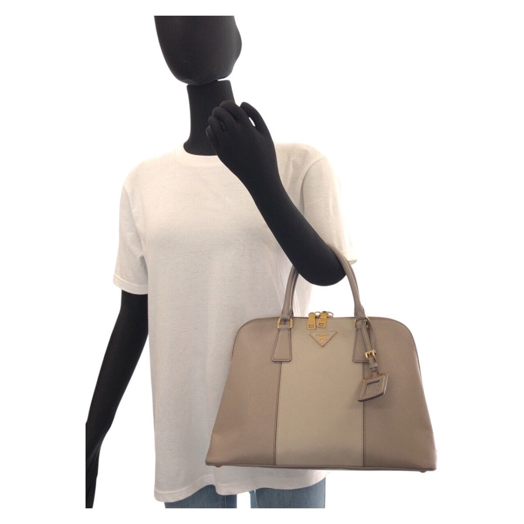 PRADA Tote Bag leather Grey GoldMetal Tote Bag Shoulder Bag Safiano Triangle With logo Women Used Authentic