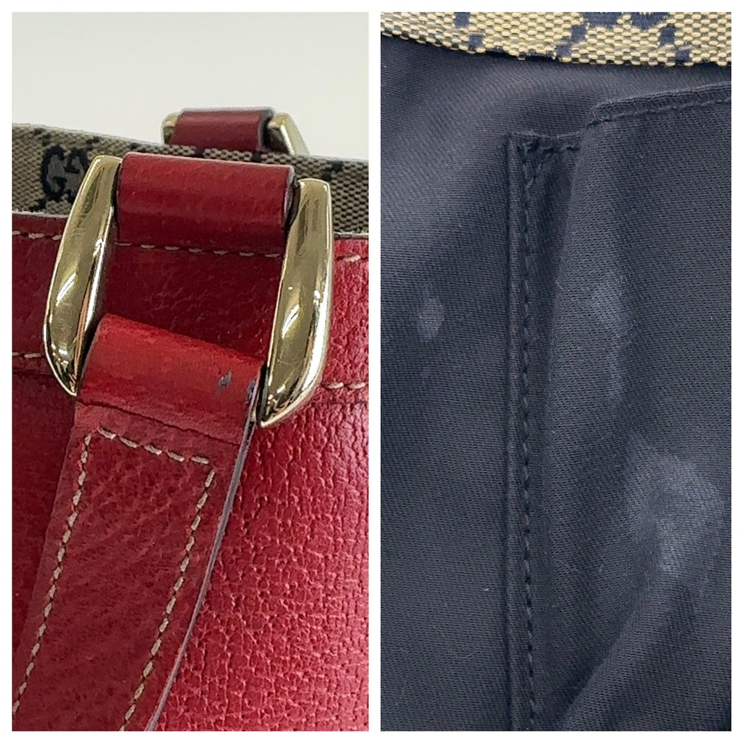GUCCI Tote Bag 130739 Leather, GG canvas Red Gold Metal Tote Bag handbag Abbey Women Used Authentic