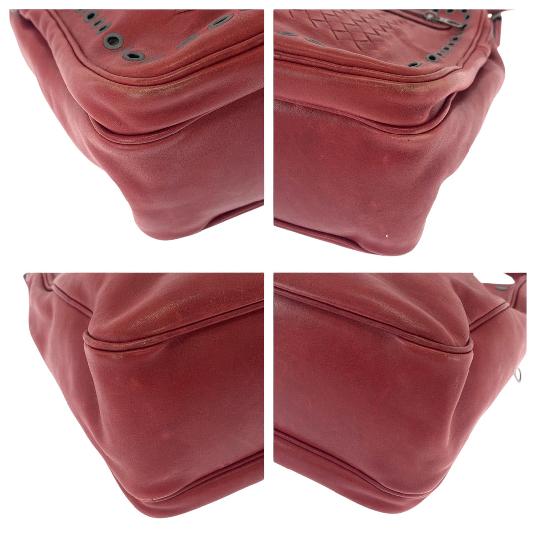 BOTTEGAVENETA Shoulder Bag leather Red Silver Metal Shoulder Bag Messenger bag INTRECCIATO mens Used Authentic