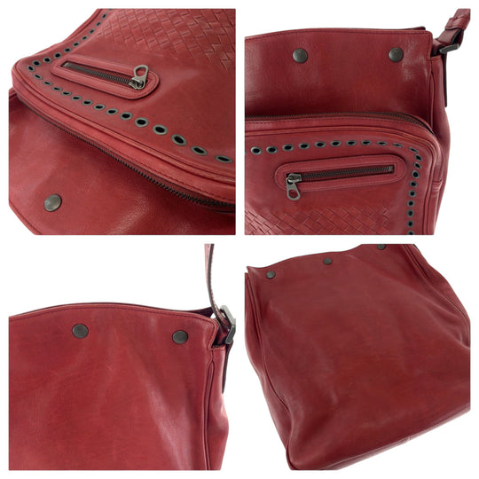 BOTTEGAVENETA Shoulder Bag leather Red Silver Metal Shoulder Bag Messenger bag INTRECCIATO mens Used Authentic