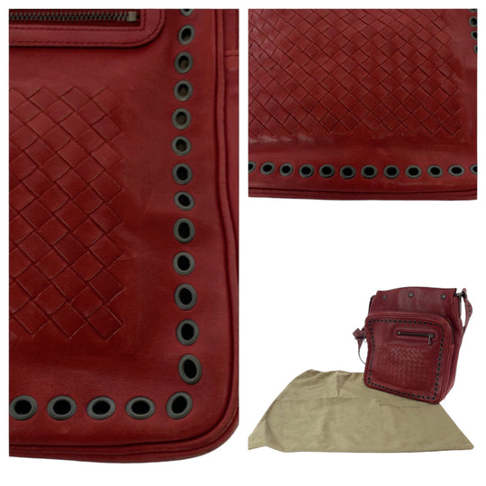 BOTTEGAVENETA Shoulder Bag leather Red Silver Metal Shoulder Bag Messenger bag INTRECCIATO mens Used Authentic