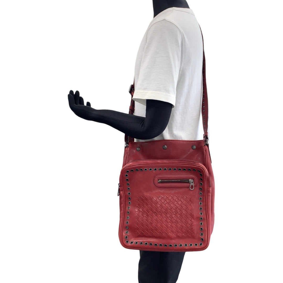 BOTTEGAVENETA Shoulder Bag leather Red Silver Metal Shoulder Bag Messenger bag INTRECCIATO mens Used Authentic