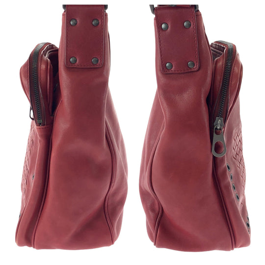 BOTTEGAVENETA Shoulder Bag leather Red Silver Metal Shoulder Bag Messenger bag INTRECCIATO mens Used Authentic