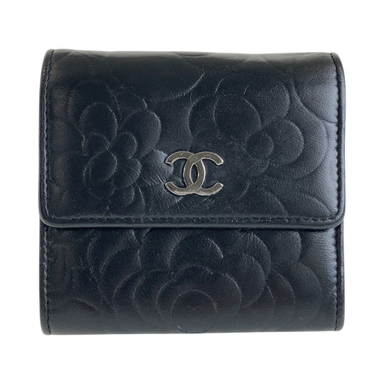 CHANEL Tri-fold wallet lambskin black Folding wallet Compact wallet Camelia Women Used Authentic