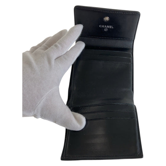 CHANEL Tri-fold wallet lambskin black Folding wallet Compact wallet Camelia Women Used Authentic