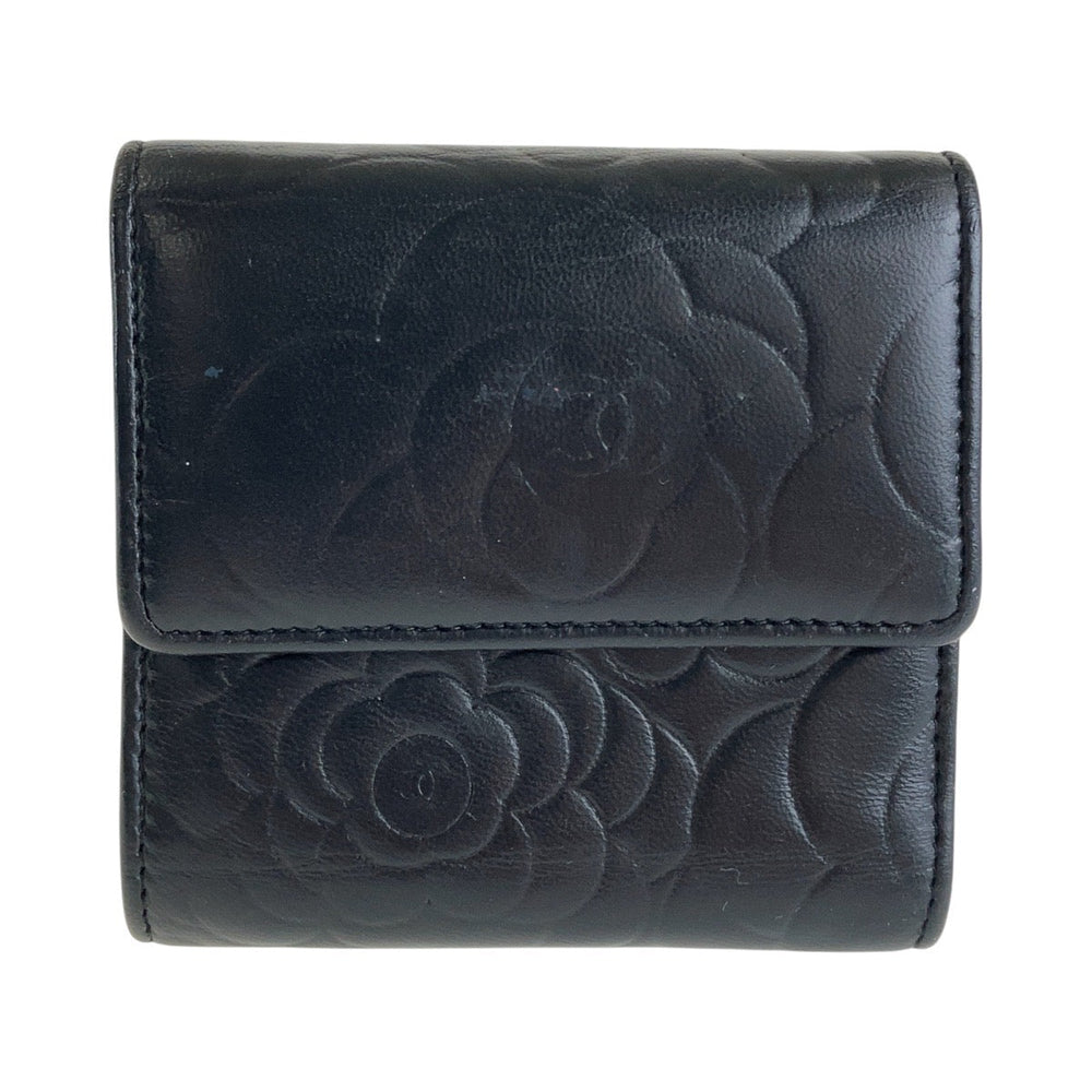 CHANEL Tri-fold wallet lambskin black Folding wallet Compact wallet Camelia Women Used Authentic
