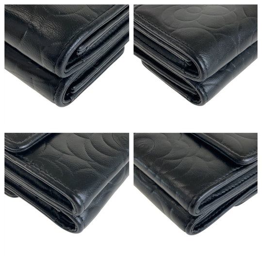 CHANEL Tri-fold wallet lambskin black Folding wallet Compact wallet Camelia Women Used Authentic