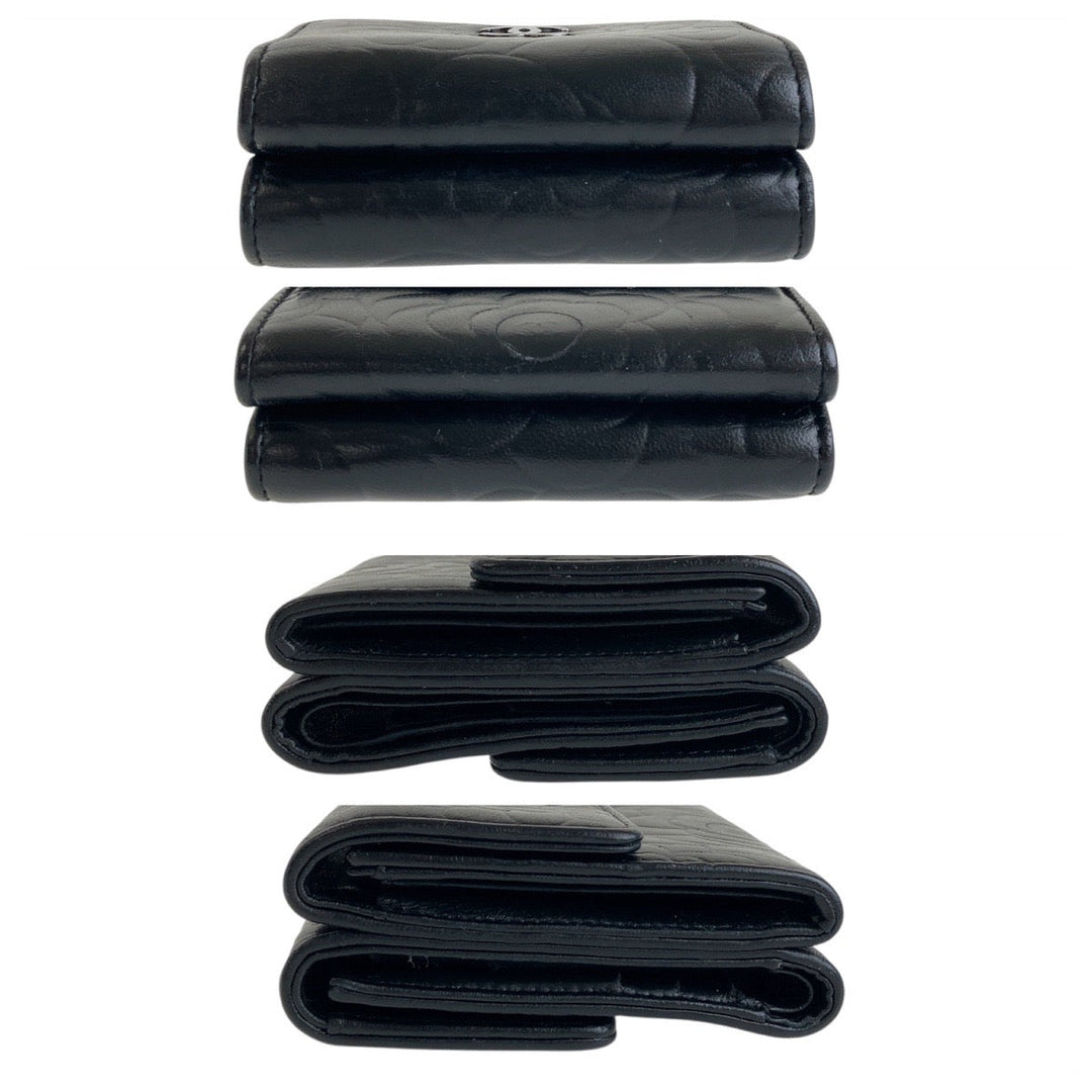 CHANEL Tri-fold wallet lambskin black Folding wallet Compact wallet Camelia Women Used Authentic