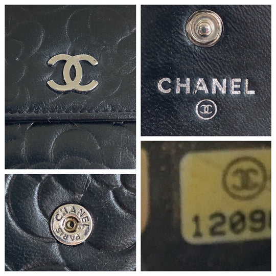 CHANEL Tri-fold wallet lambskin black Folding wallet Compact wallet Camelia Women Used Authentic